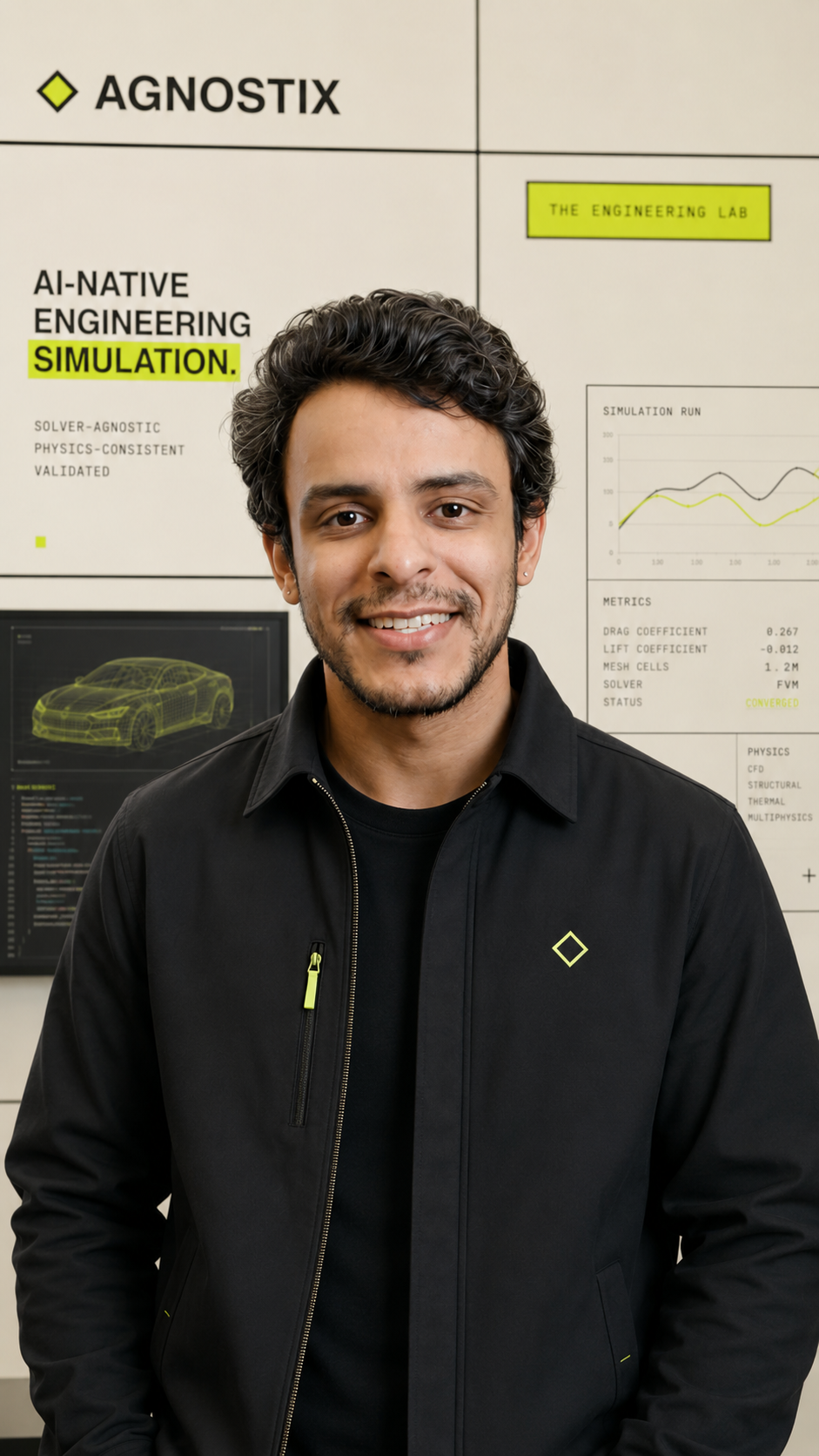 Founder of Agnostix in front of the lab wall